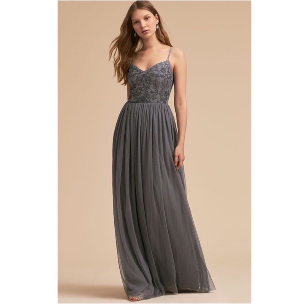 BHLDN Gray Lace & Tulle Maxi Dress